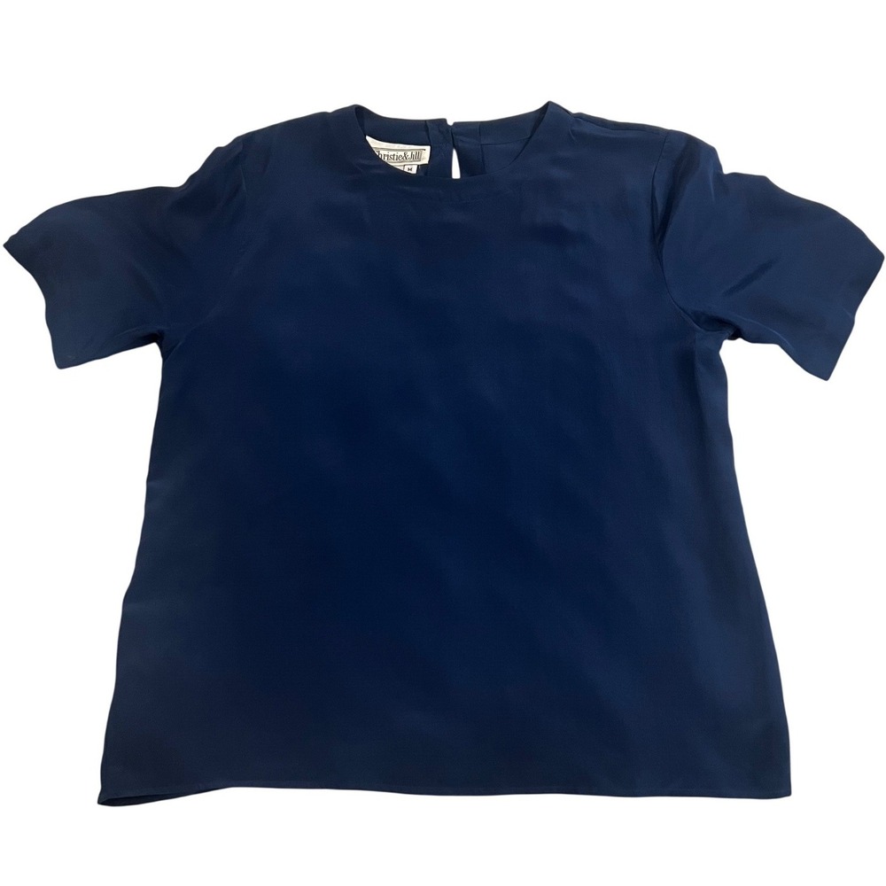 Vintage 100% Silk Navy Blue Timeless Short Sleeve Blouse Crew Neck Size Medium